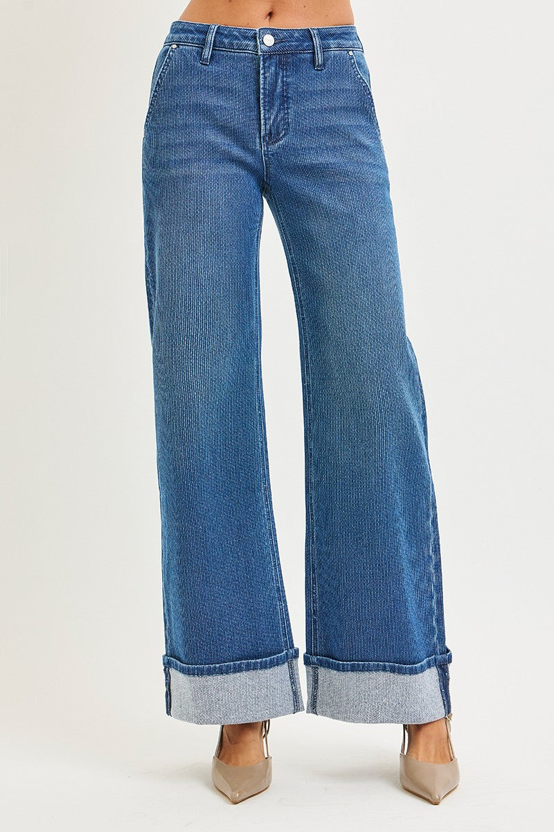 Natalia Pin Stripe Mid Rise-Wide Leg Cuff Jeans