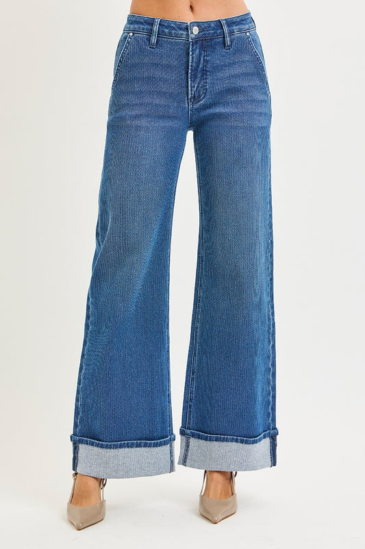 Natalia Pin Stripe Mid Rise-Wide Leg Cuff Jeans