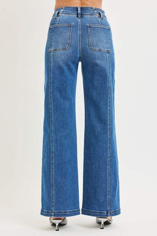 High Rise Wide Leg Denim Front/Back Seam Detail