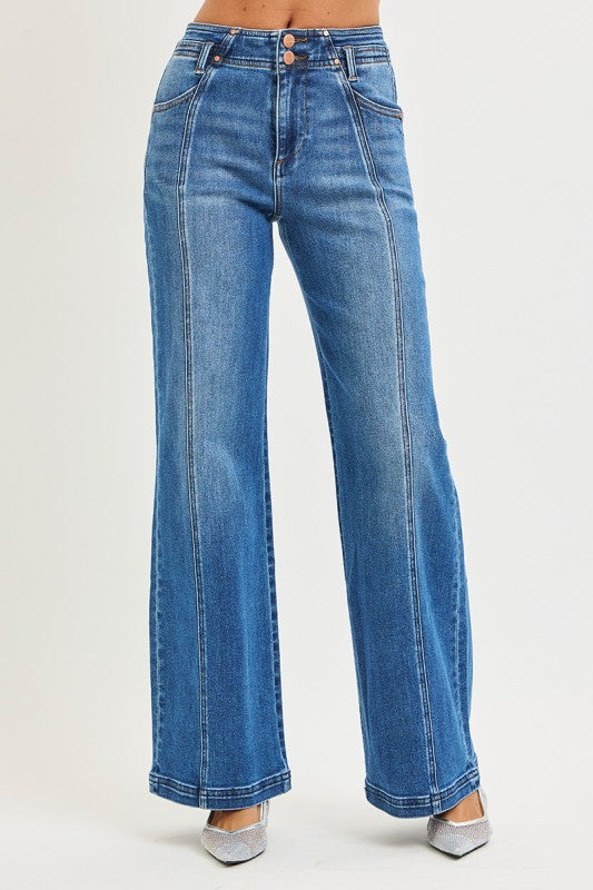 High Rise Wide Leg Denim Front/Back Seam Detail