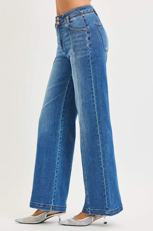 High Rise Wide Leg Denim Front/Back Seam Detail