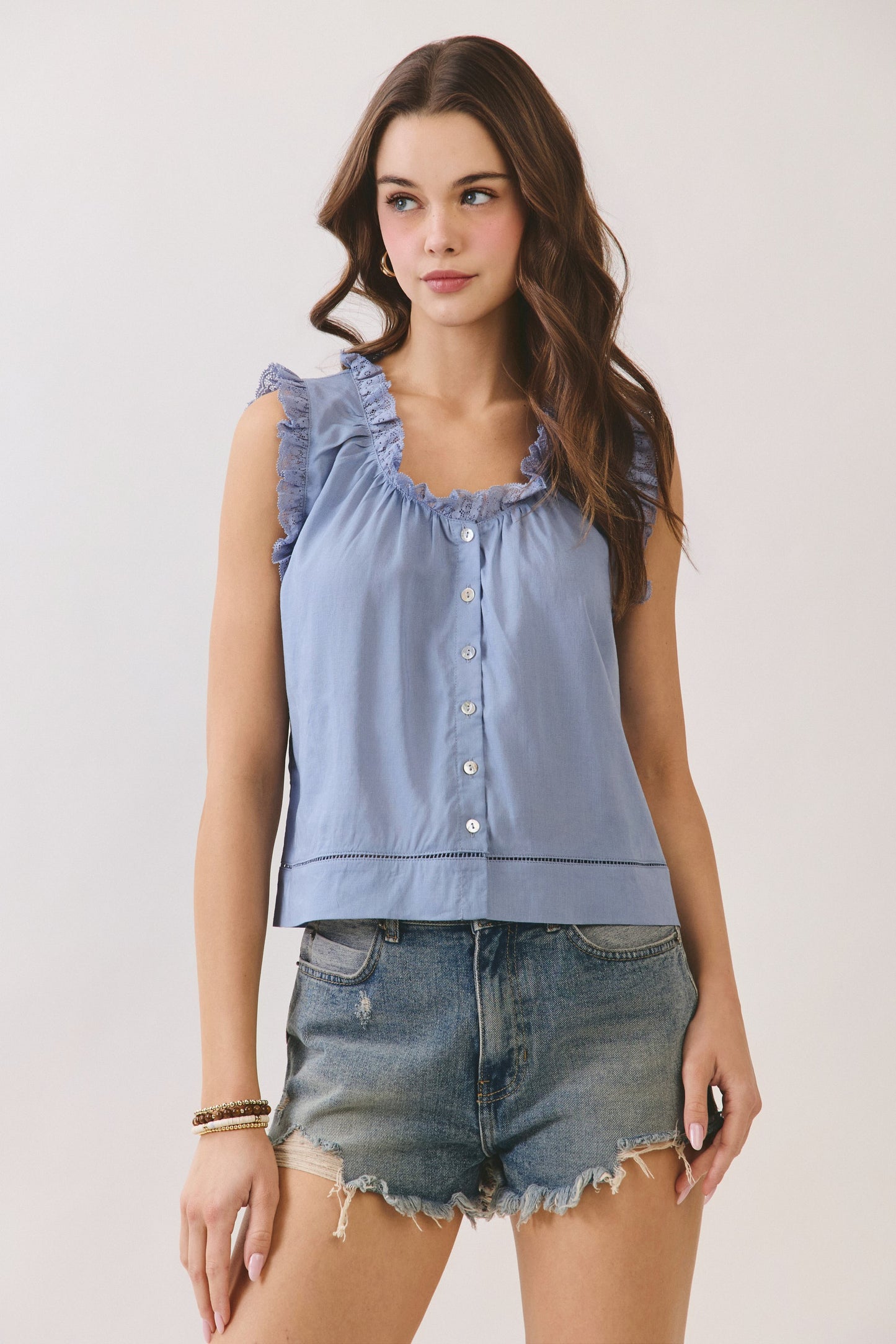 Rae Lace Trim Button Sleeveless Blouse