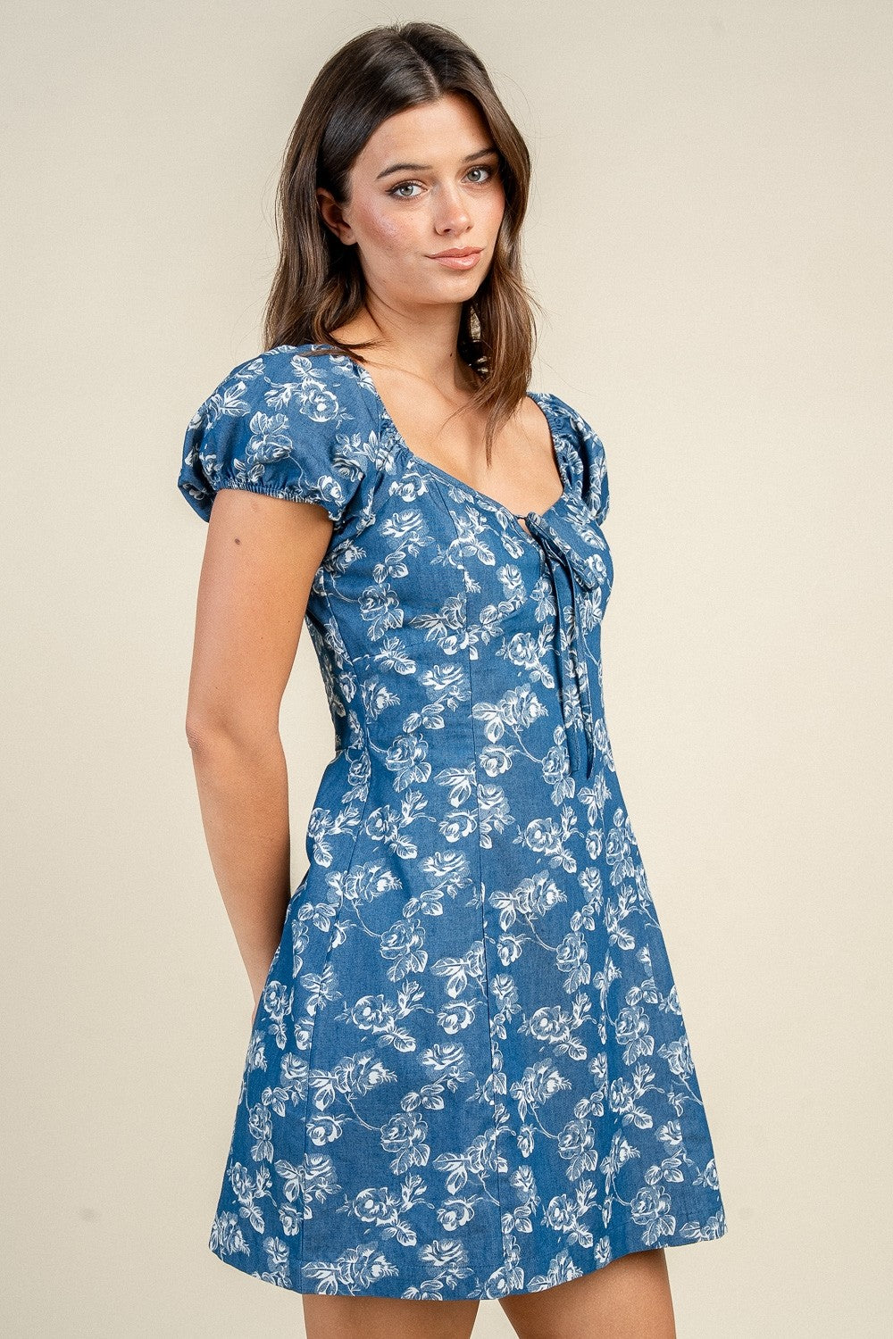 Faith Denim Blue Puff Sleeve Mini Dress