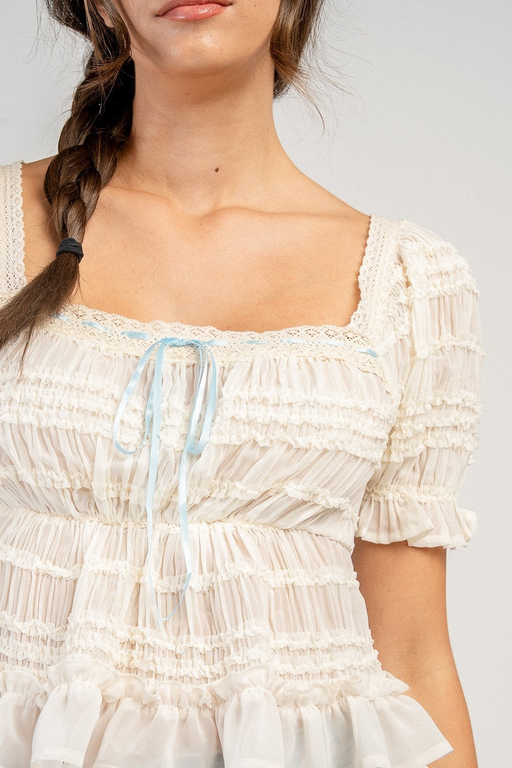 Lily Short Sleeve Lace Trim Top w/ Ribbon