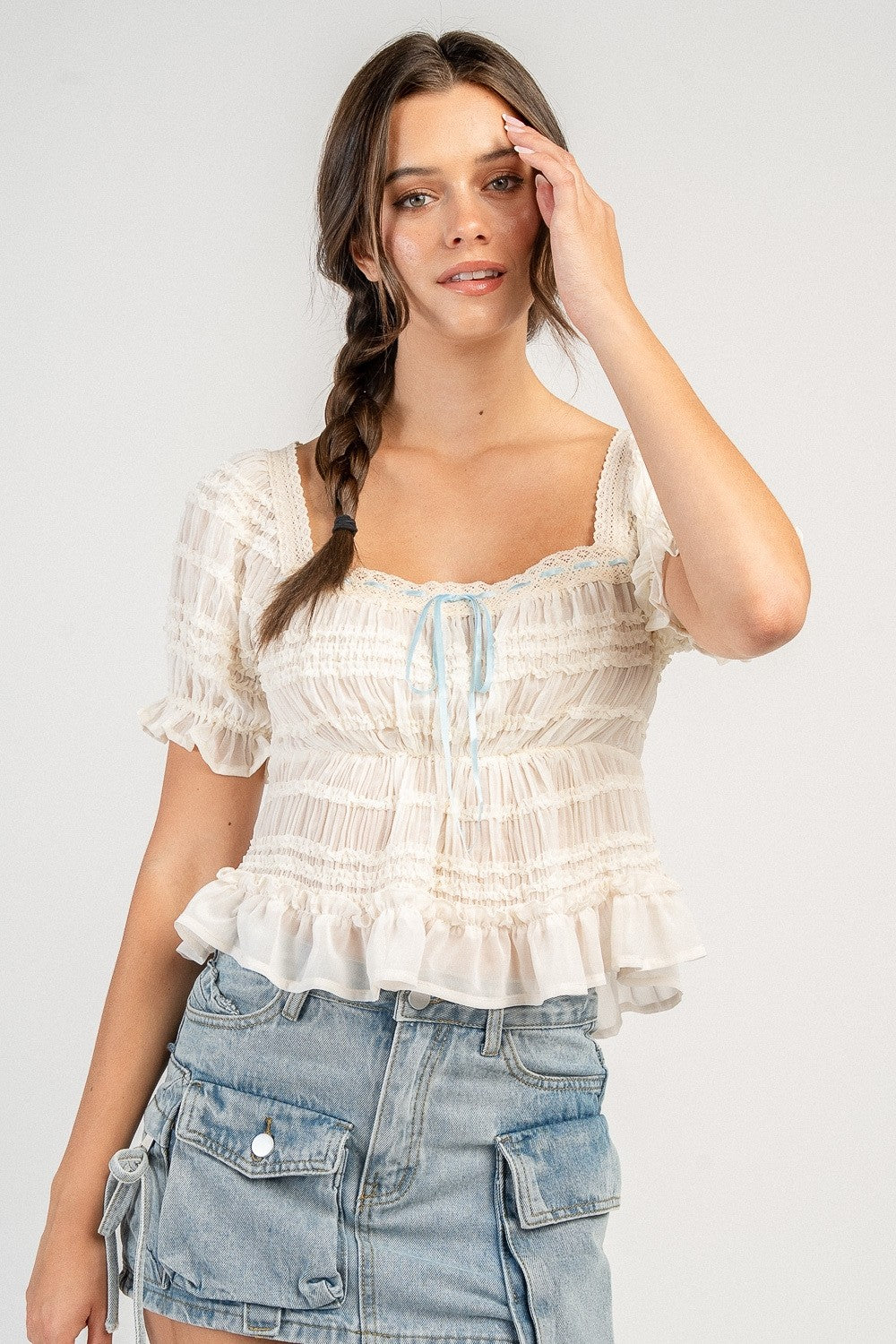 Lily Short Sleeve Lace Trim Top w/ Ribbon