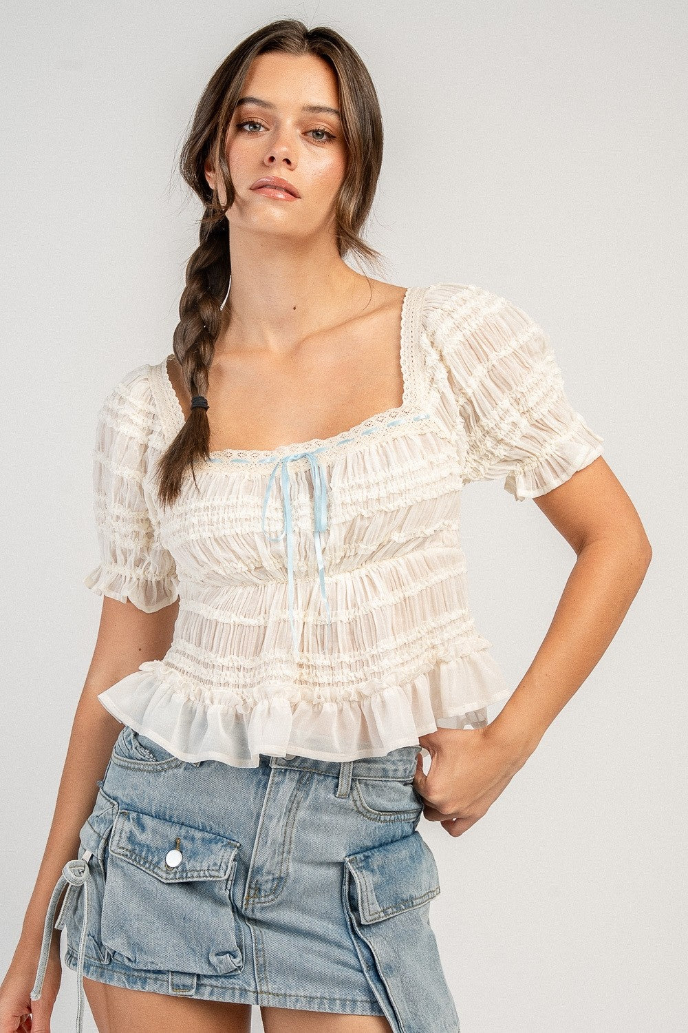 Lily Short Sleeve Lace Trim Top w/ Ribbon