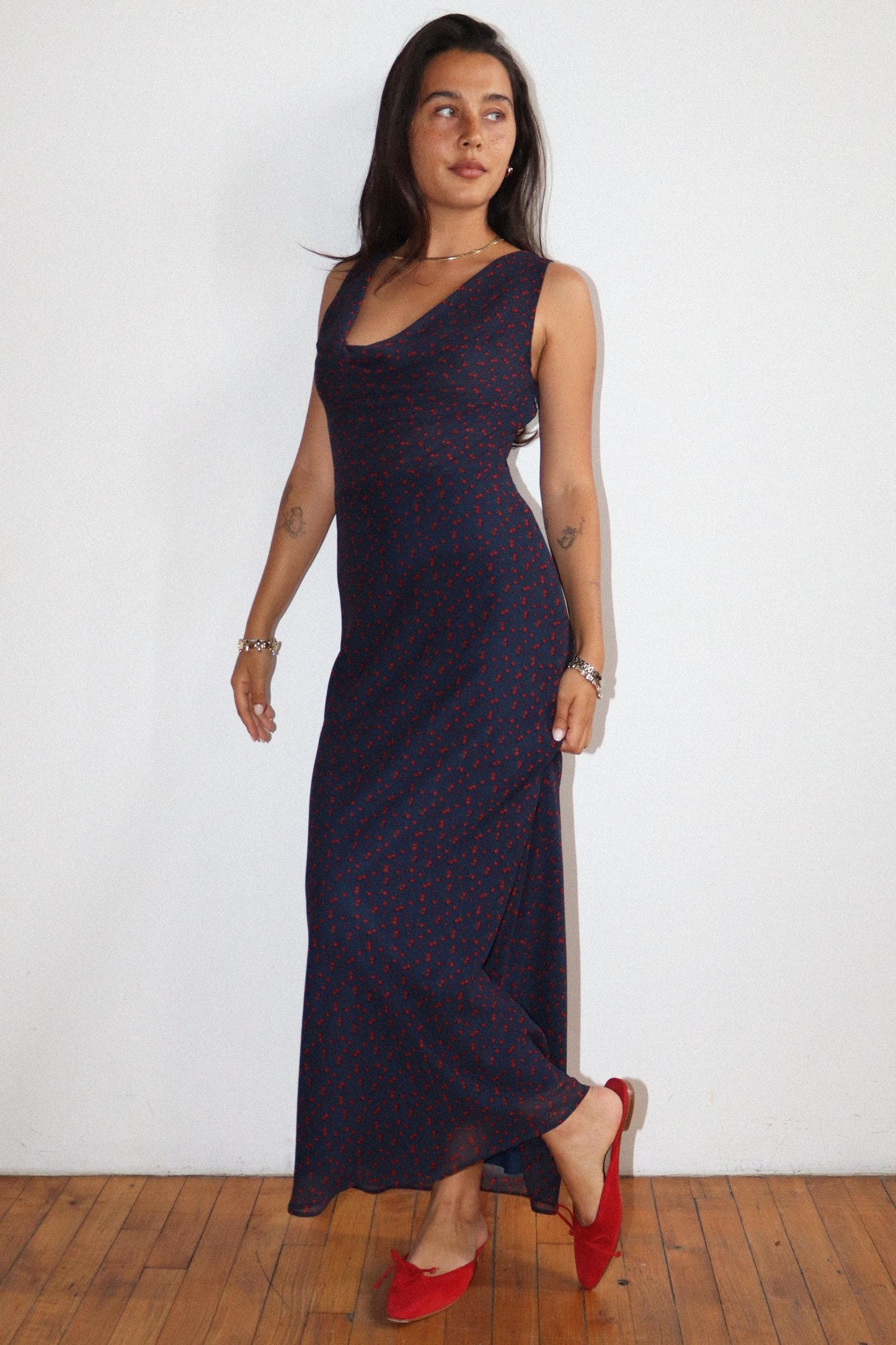 Cherry Cowl Neck Maxi Dress