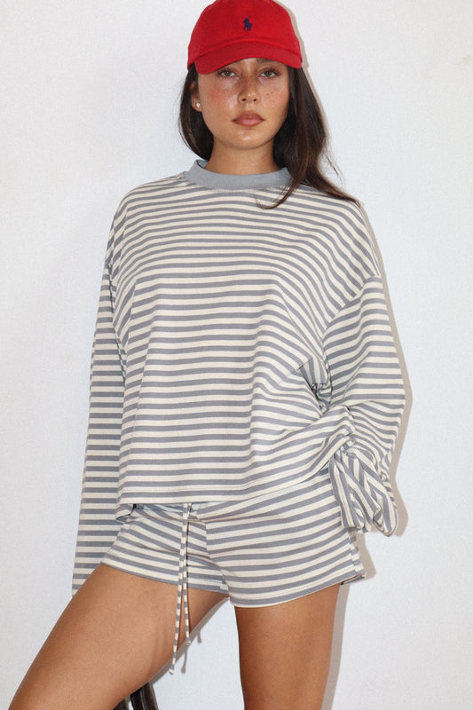Julie Striped Long Sleeve Crew Neck Top/Grey