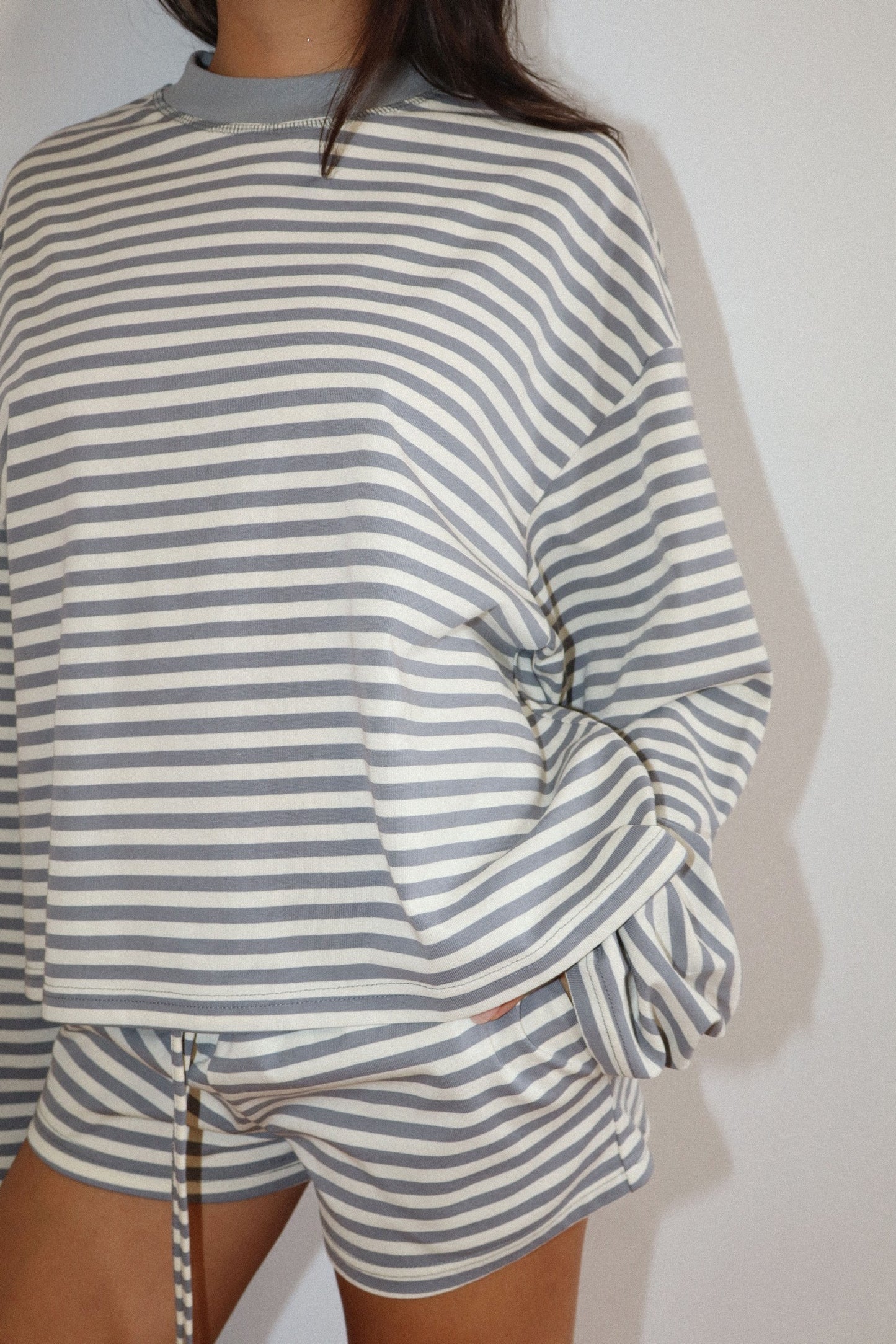 Julie Striped Long Sleeve Crew Neck Top/Grey