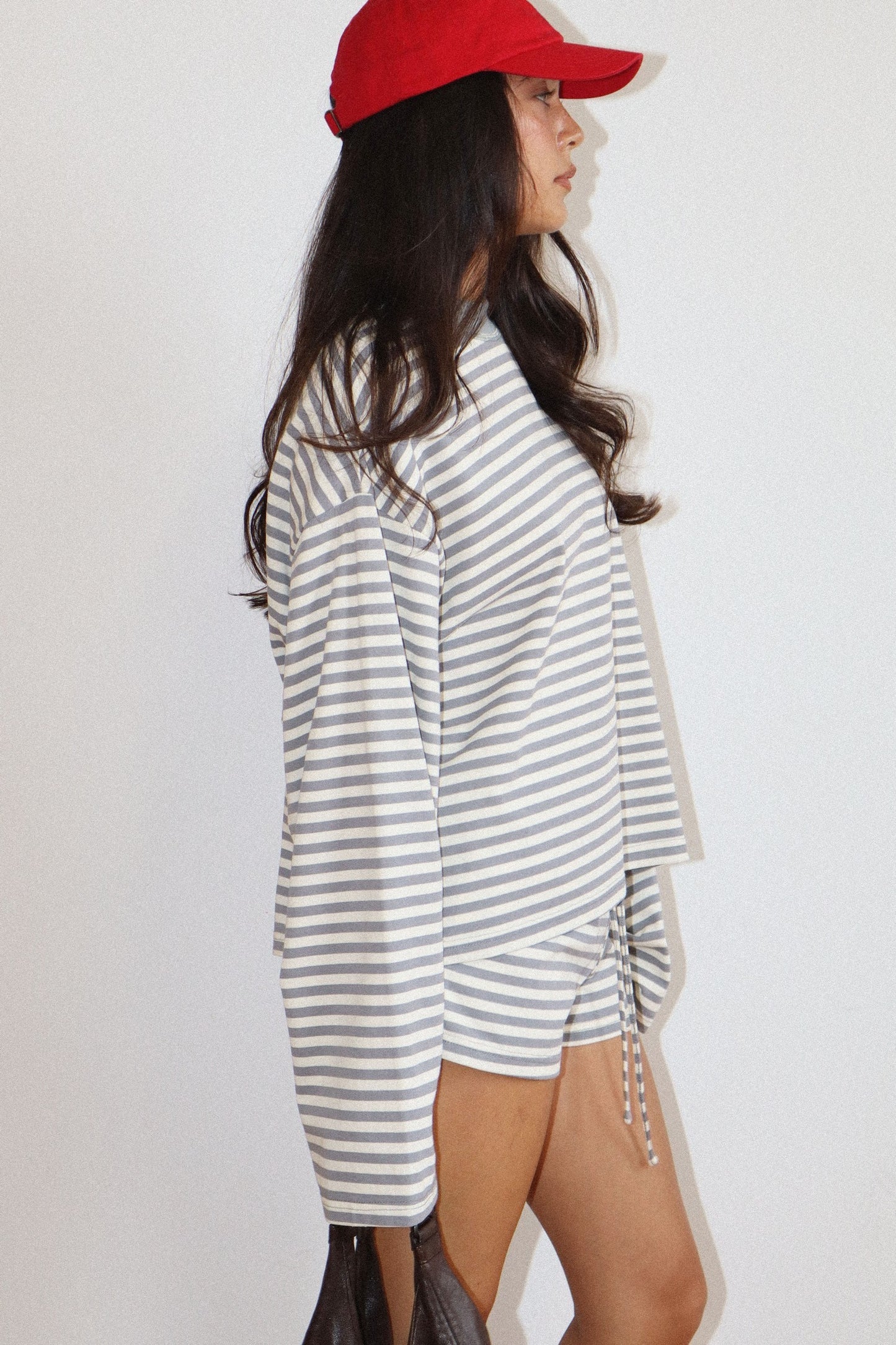 Julie Striped Long Sleeve Crew Neck Top/Grey