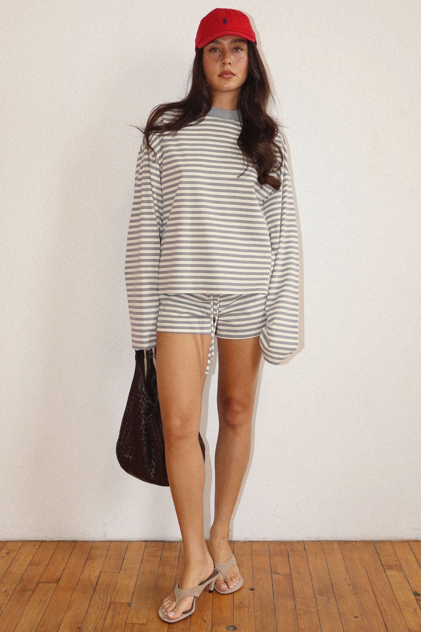 Julie Striped Long Sleeve Crew Neck Top/Grey