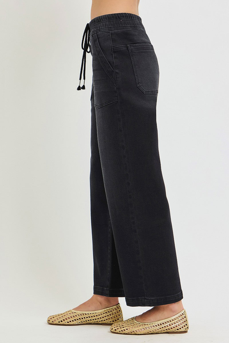 Gwen Elastic Band Relaxed Baggy Crop Jeans/Black