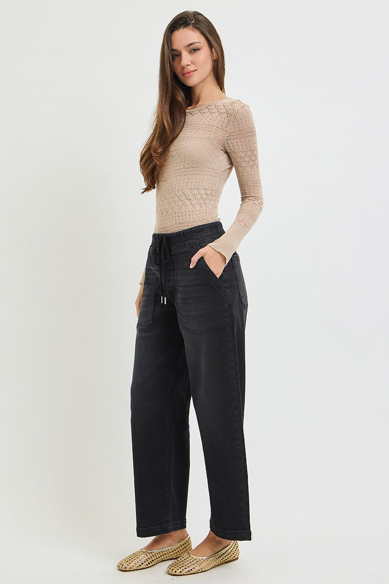 Gwen Elastic Band Relaxed Baggy Crop Jeans/Black