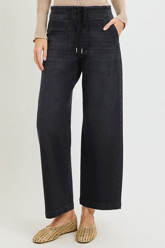 Gwen Elastic Band Relaxed Baggy Crop Jeans/Black