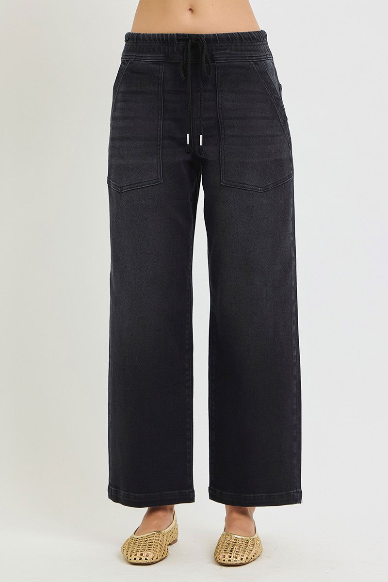 Gwen Elastic Band Relaxed Baggy Crop Jeans/Black