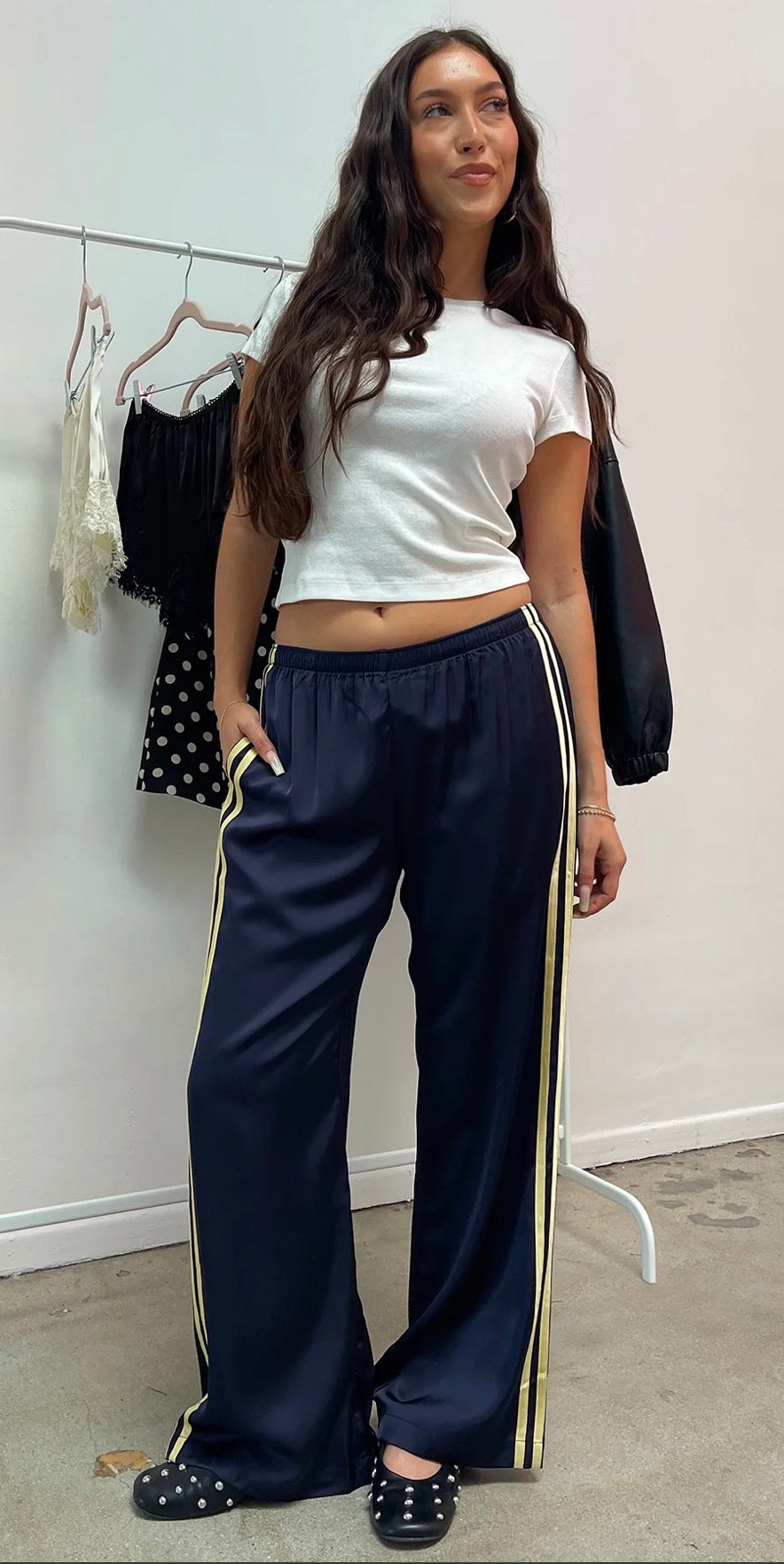 Louise Satin Elastic Waistband Pants Side Stripe/Navy