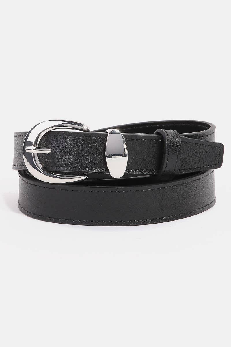 Metallic Crescent Buckle Leather Belt: Silver/Blk