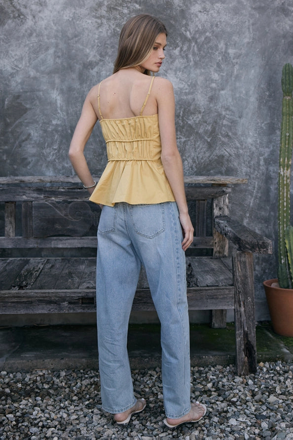 Kimmi Ruched Peplum Cami Top/Mustard