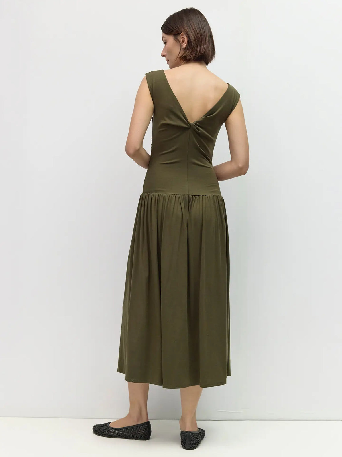 Amara Wide Cowl Neck Ruched Midi Dress/Olive
