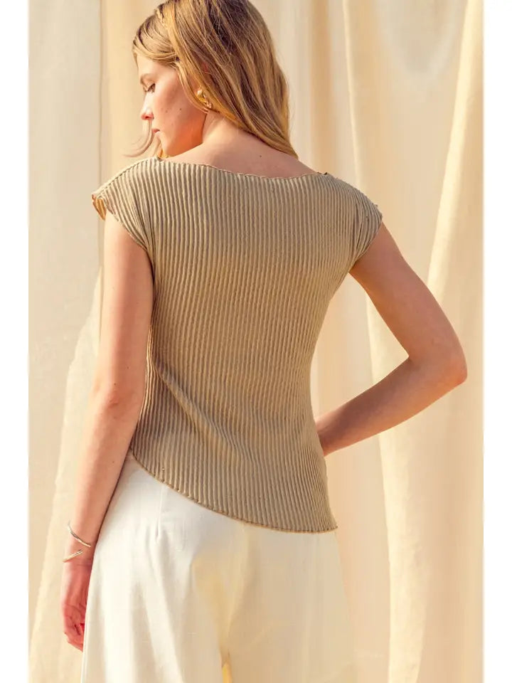 Megan Crinkled Fabric Cap Sleeve Top/Beige