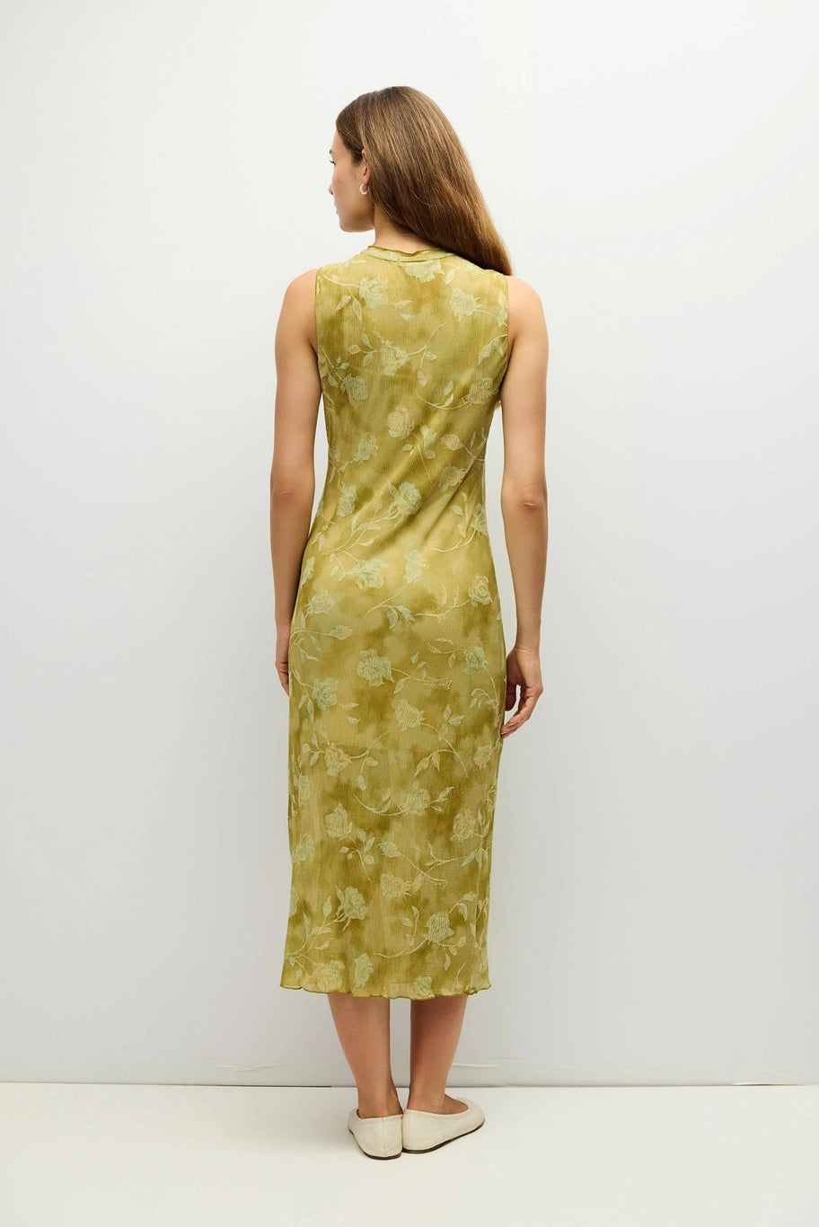 Zoe Dress Midi Floral Mock Neck/Chartreuse