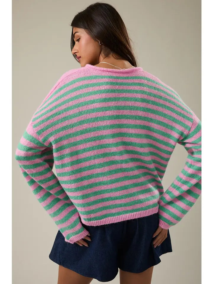 Alexis Long Sleeve Rolled Hem Half Button Down Stripe Knit