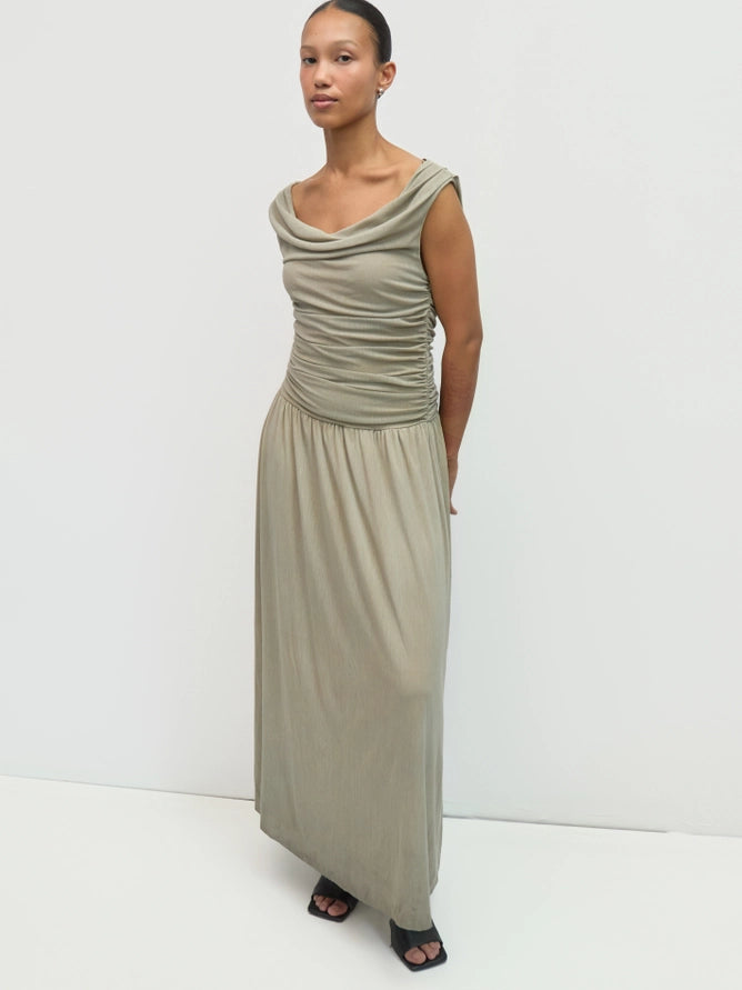 Annabelle Cowl Wide Neck Drape Mesh Midi Dress