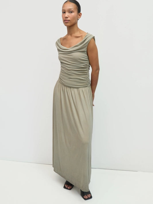 Annabelle Cowl Wide Neck Drape Mesh Midi Dress