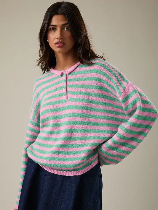 Alexis Long Sleeve Rolled Hem Half Button Down Stripe Knit