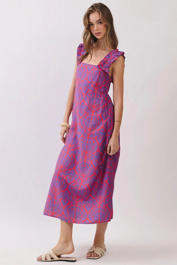 Camilia Ruffle Strap Geometric Print Midi Dress