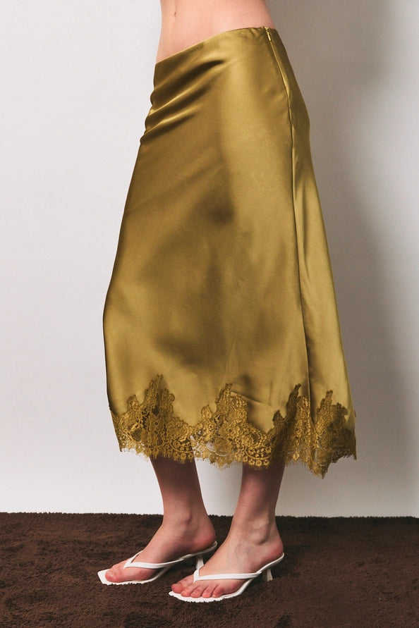 Nora Lace Trim Bias Cut Midi Skirt/Lt. Olive