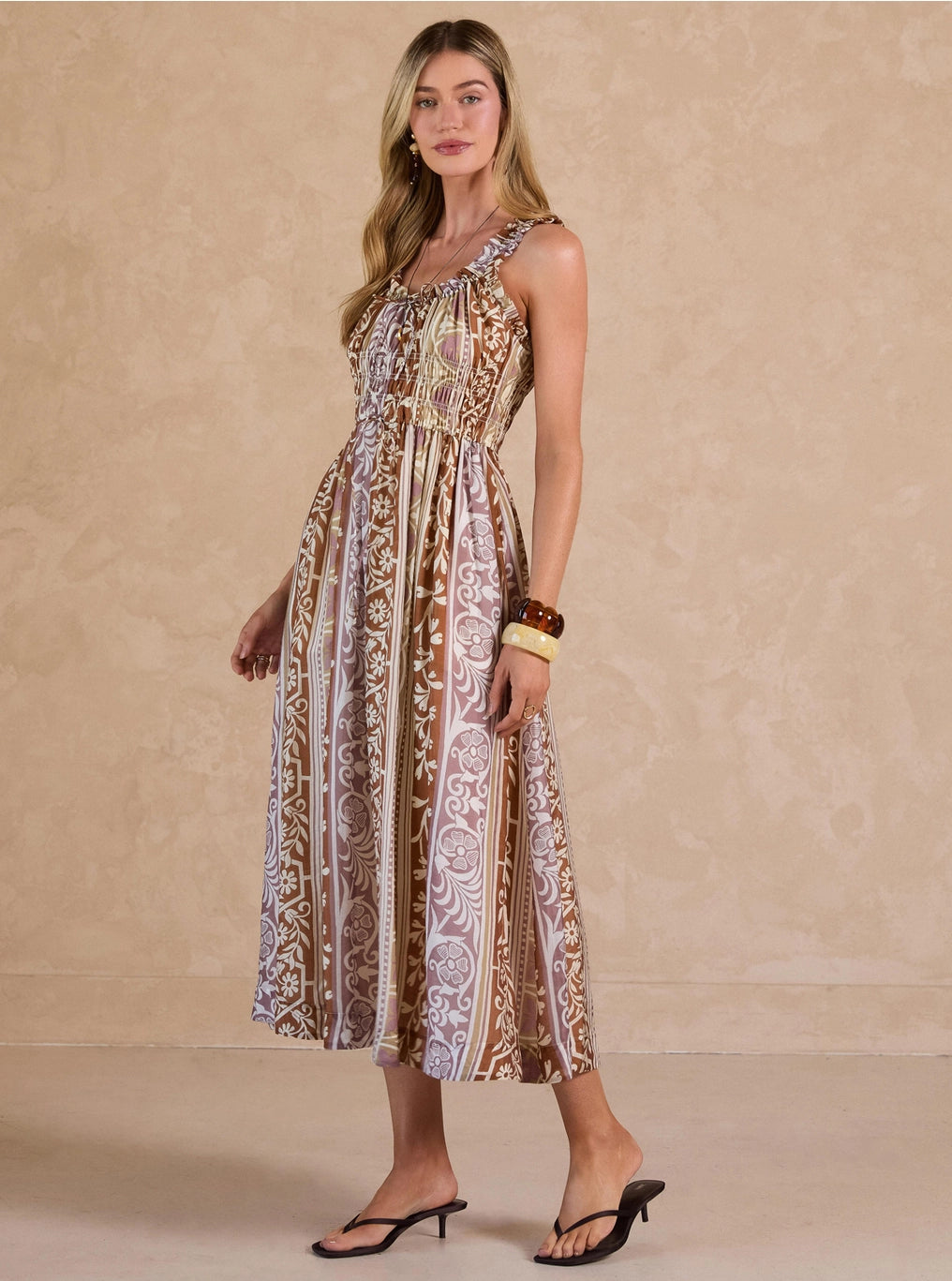 Eva Printed Ruffled Sweetheart Maxi Dress