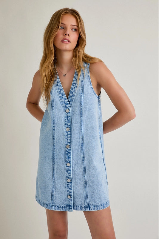 Rebecca Sleeveless V-neck Denim Button Down Dress