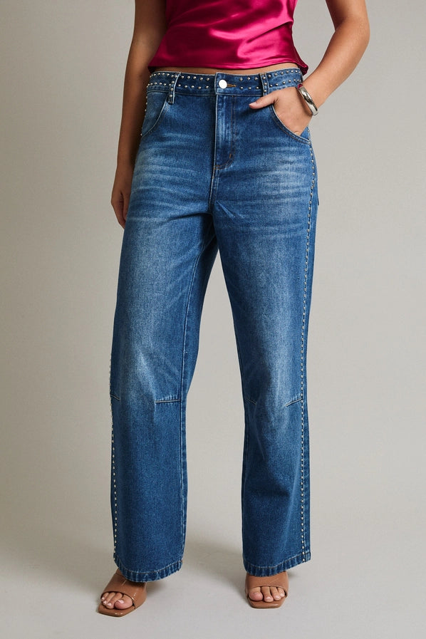 Riley Mid Rise Denim Pants with Stud Detail