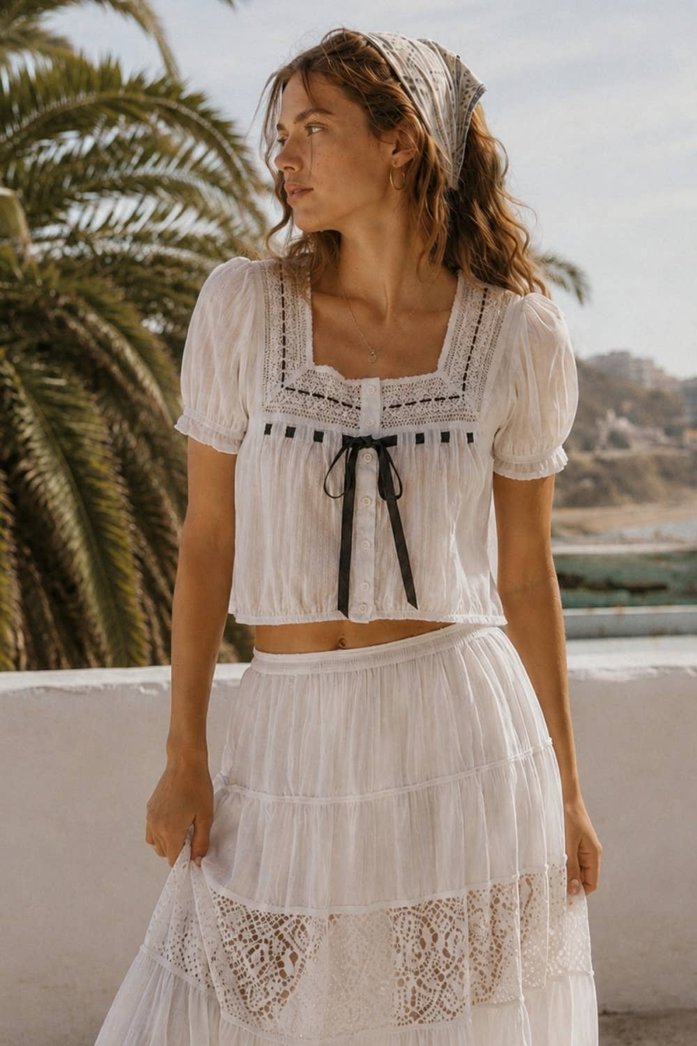 Paloma Square Neck Blouse with Lace/Bow Trim