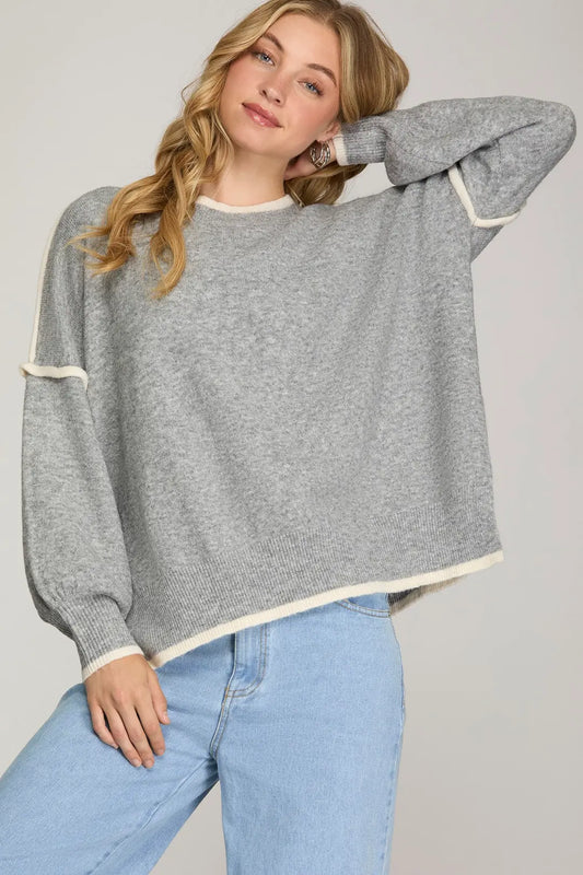 Brooke Contrast Pullover Sweater/Grey