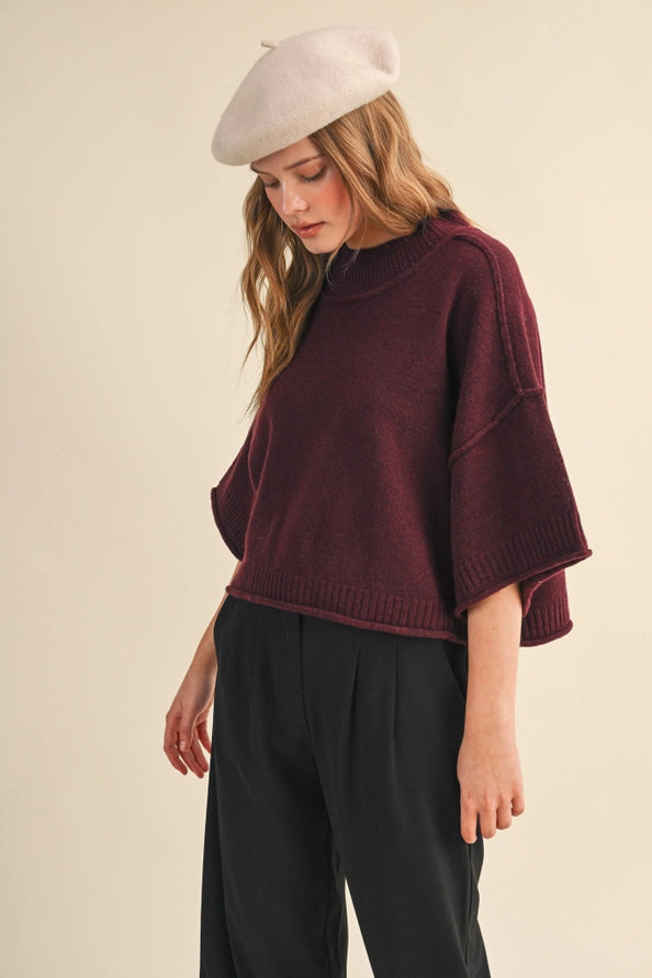 Kate Marled Knit Mock Neck Short Sleeve Top/Wine