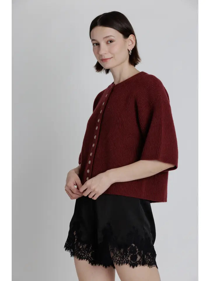Callie Button Down Short Sleeve Sweater Top/Burgundy