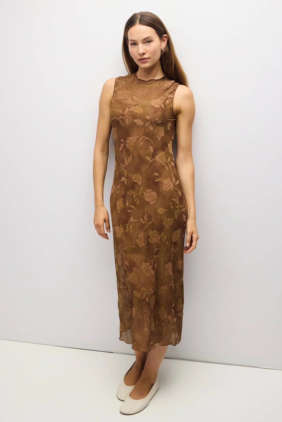 Zoe Dress Midi Floral Mock Neck/Brown