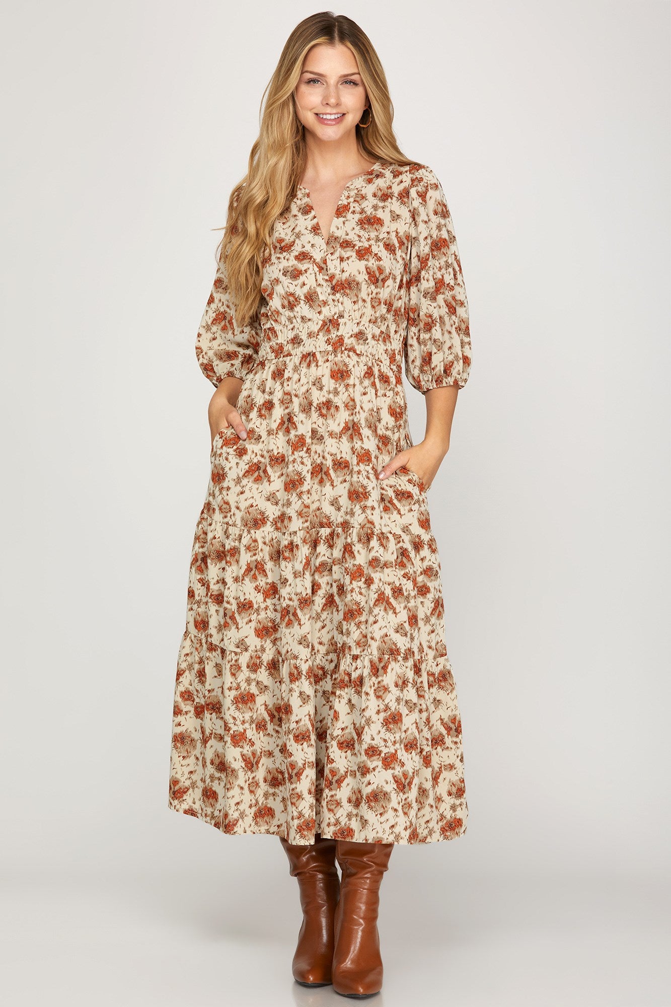 Jessica Floral Printed Midi Dress w/ Pockets