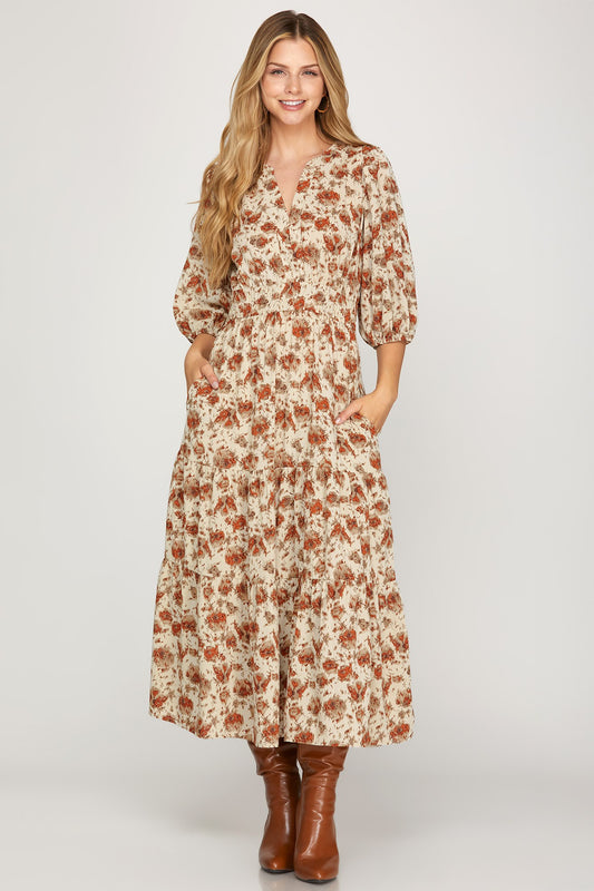 Jessica Floral Printed Midi Dress w/ Pockets