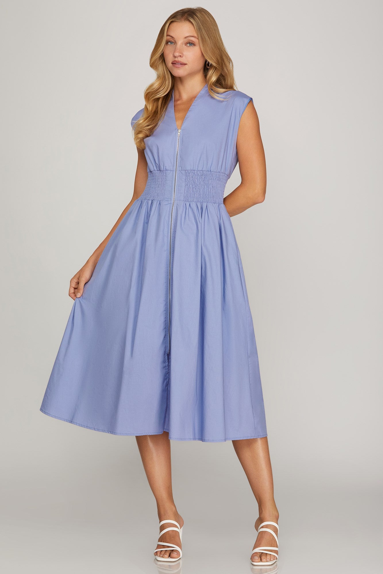 Meryl Smocked Waist Midi Dress with Front Zipper