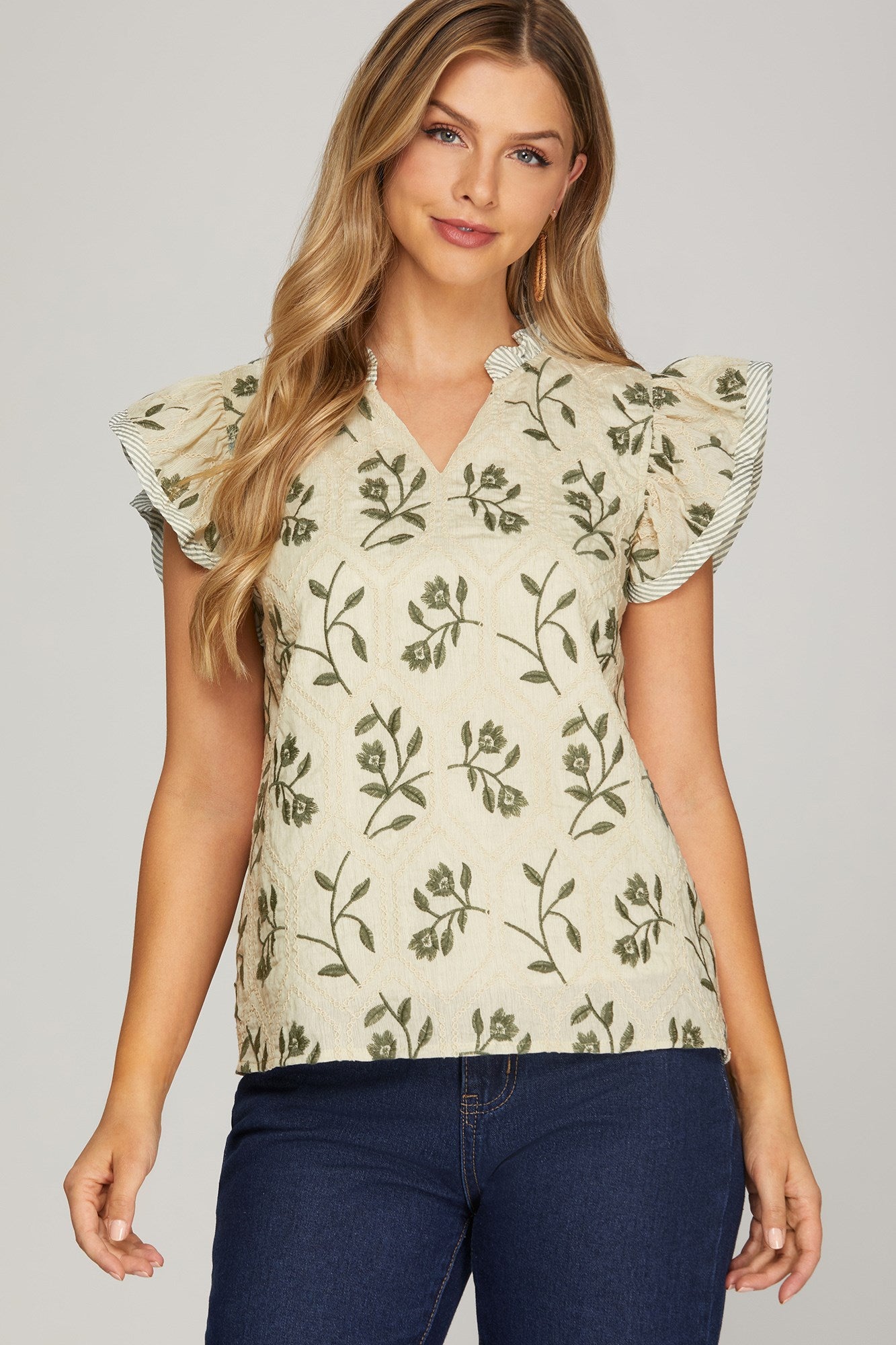 Lucy Short Sleeve Ruffle Embroidered Top/Sage Green