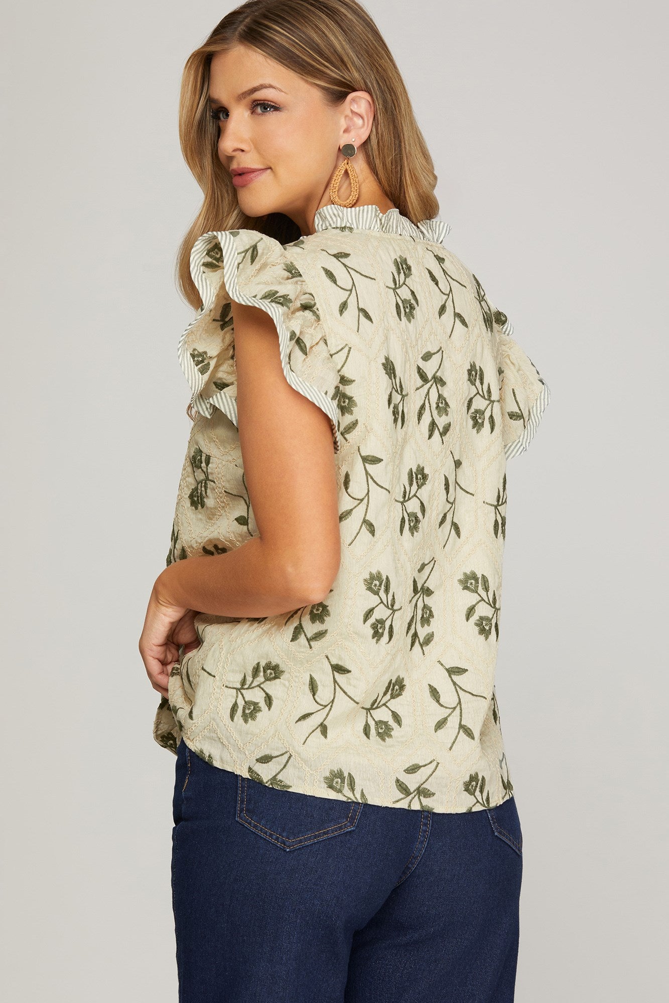 Lucy Short Sleeve Ruffle Embroidered Top/Sage Green