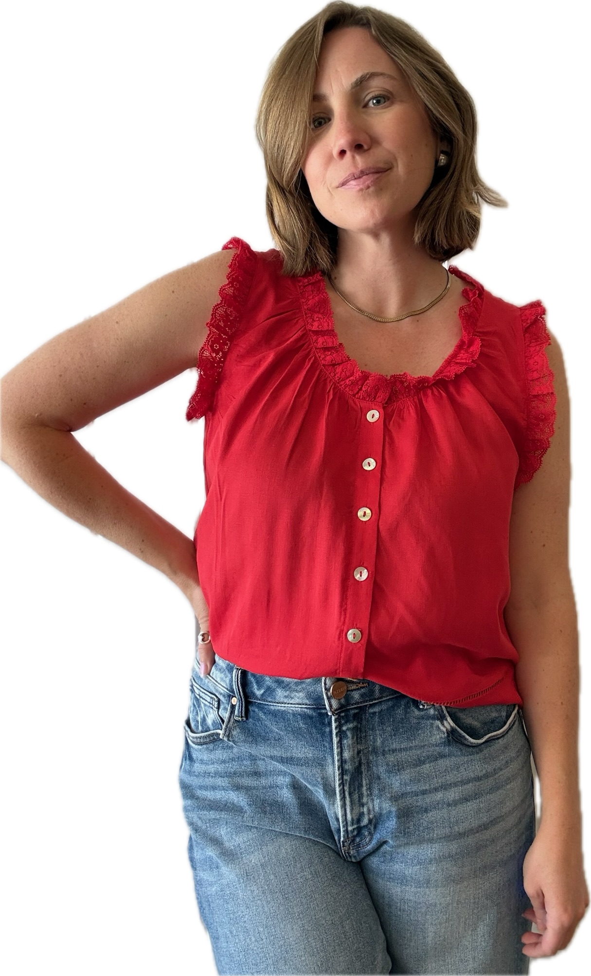 Rae Lace Trim Button Sleeveless Blouse/Red