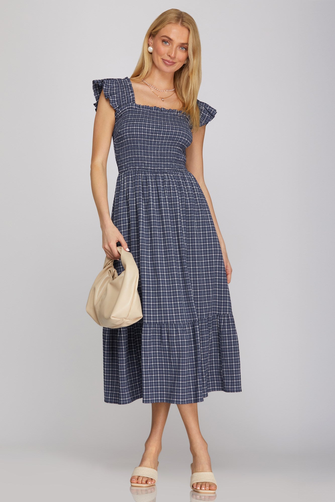 Stevie Ruffle Strap Navy Checkered Midi Dress