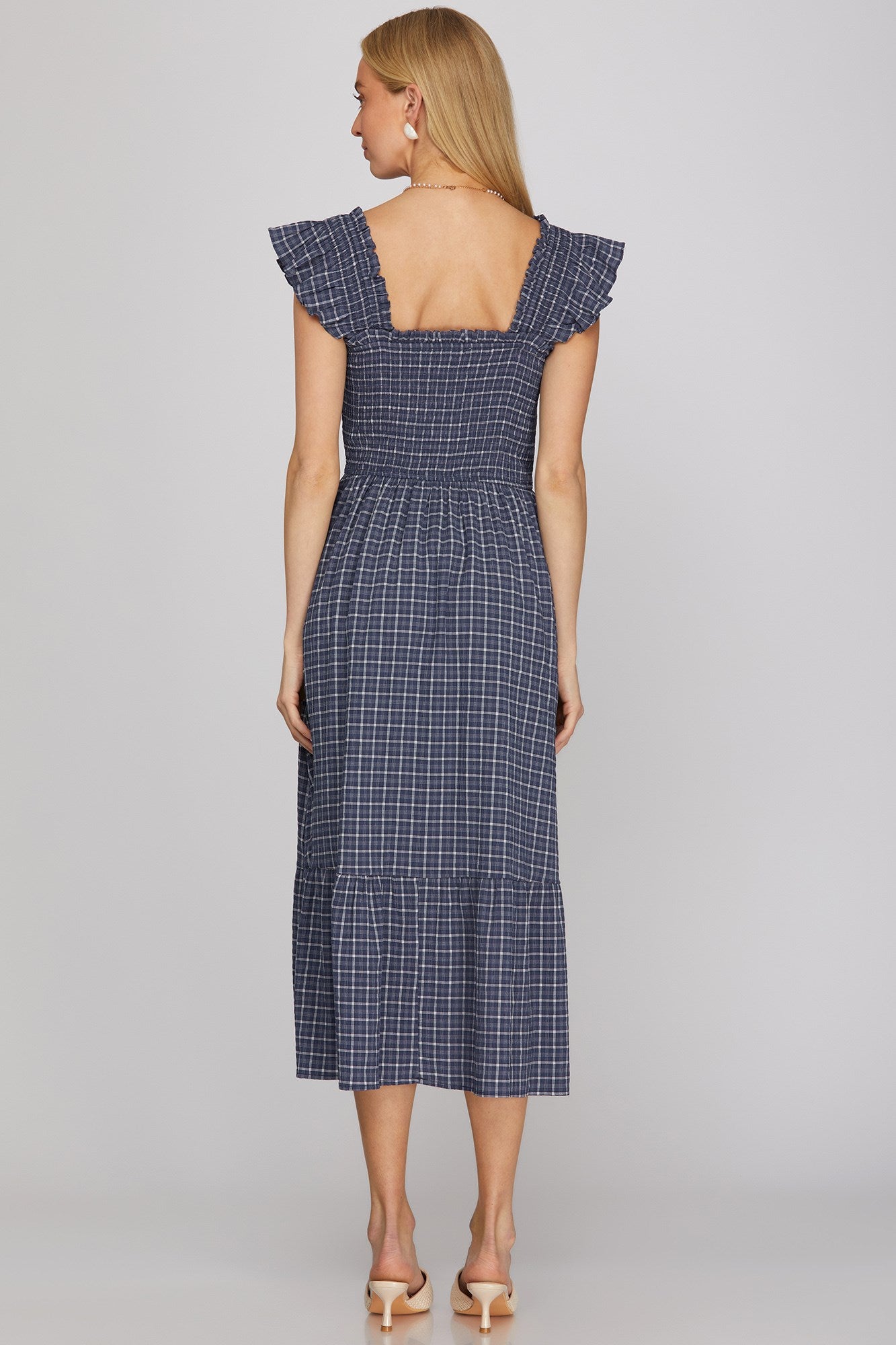 Stevie Ruffle Strap Navy Checkered Midi Dress