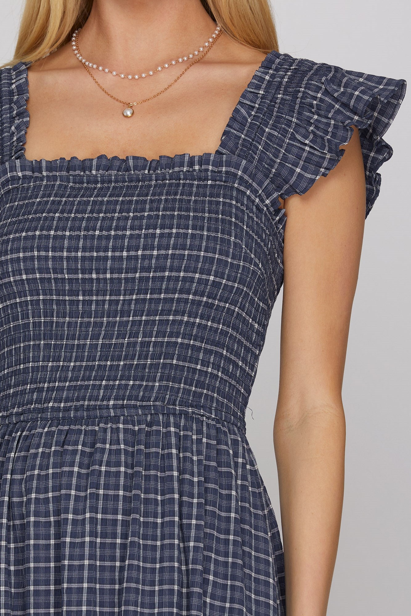 Stevie Ruffle Strap Navy Checkered Midi Dress