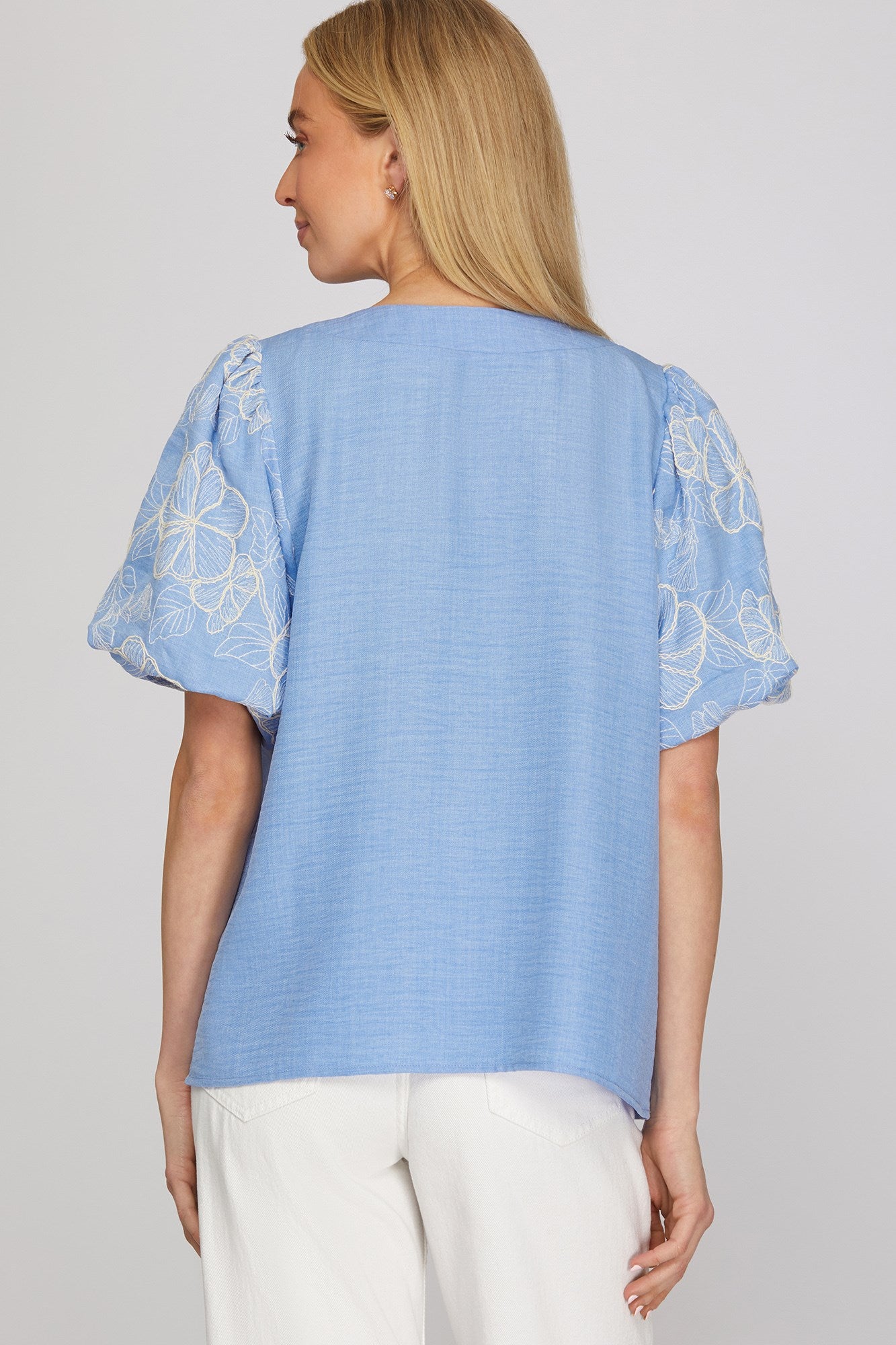 Molly Short Sleeve Embroidered Puff Sleeve Blouse/Periwinkle