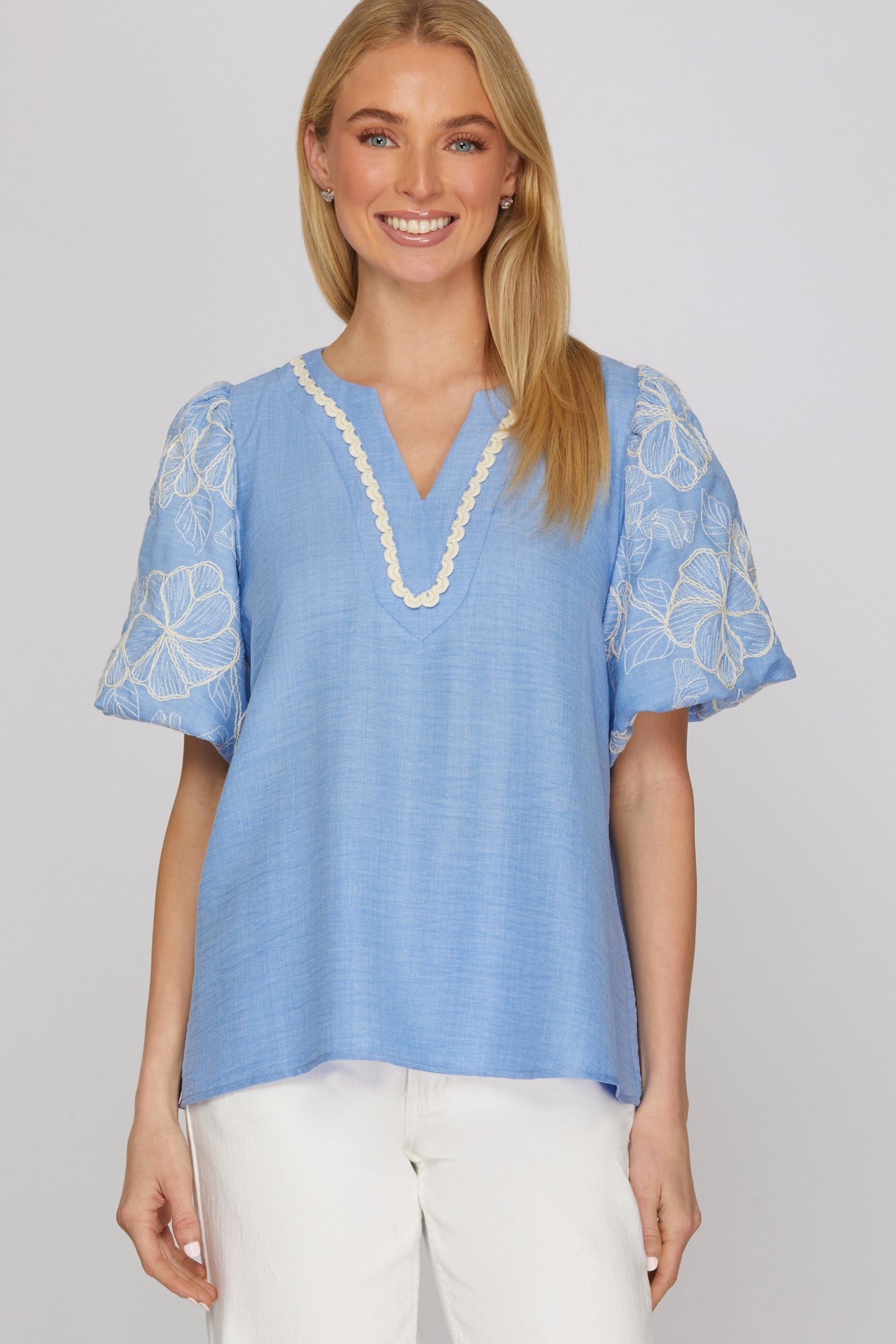 Molly Short Sleeve Embroidered Puff Sleeve Blouse/Periwinkle